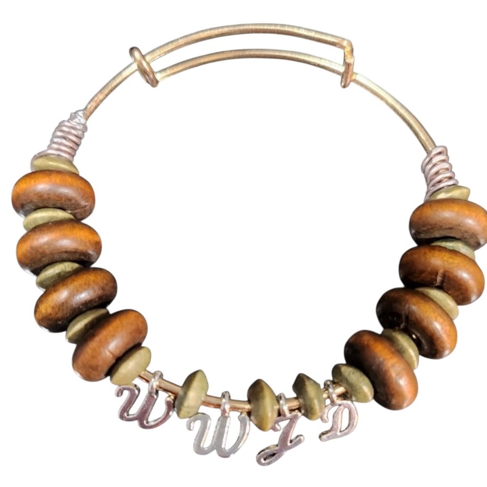 WWJD Fashion Bracelet Expandable Bangle to 13” Wood & Nigeria Bovine Disk Beads